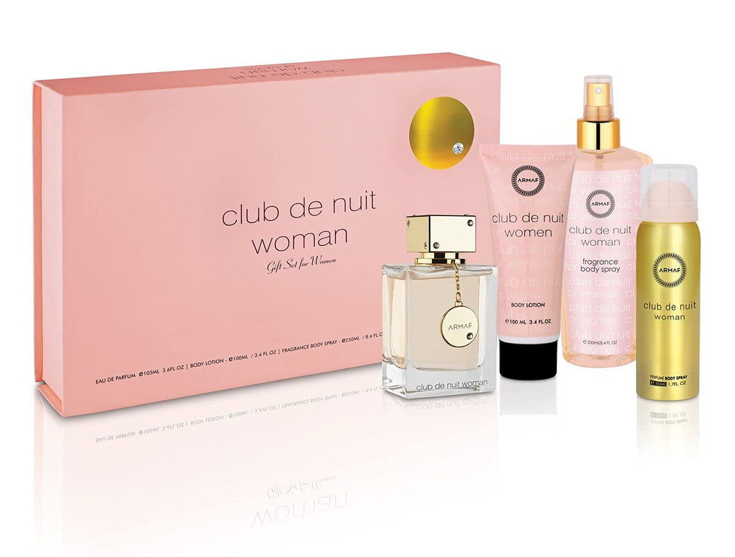 Armaf Club De Nuit 4 Pieces Set 3.6 oz Edp Spray & Body Lotion & Perfumed Body Spray & Fragrance Body Mist Women