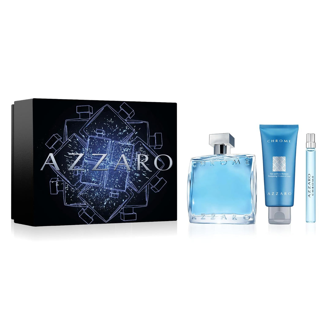 Azzaro Chrome 3 Pieces Set 3.4 oz & 0.33 oz Edt Spray & 2.5 oz Hair & Body Shampoo Men