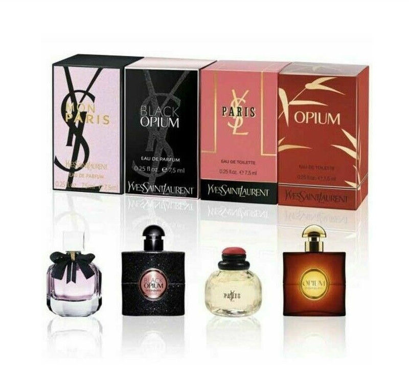 YSL Yves Saint Laurent 4 Pieces Mini Set 0.25 oz 7.5 ml Mon Paris, Opium, Black Opium, Paris Women