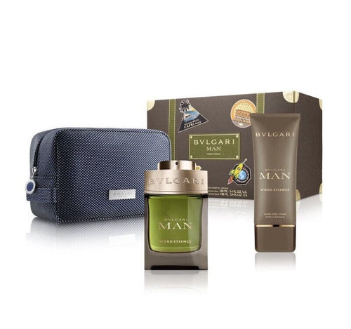 Bvlgari Wood Essence 3 Pieces Set 3.4 oz Edp Spray & After Shave Balm & Pouch Men
